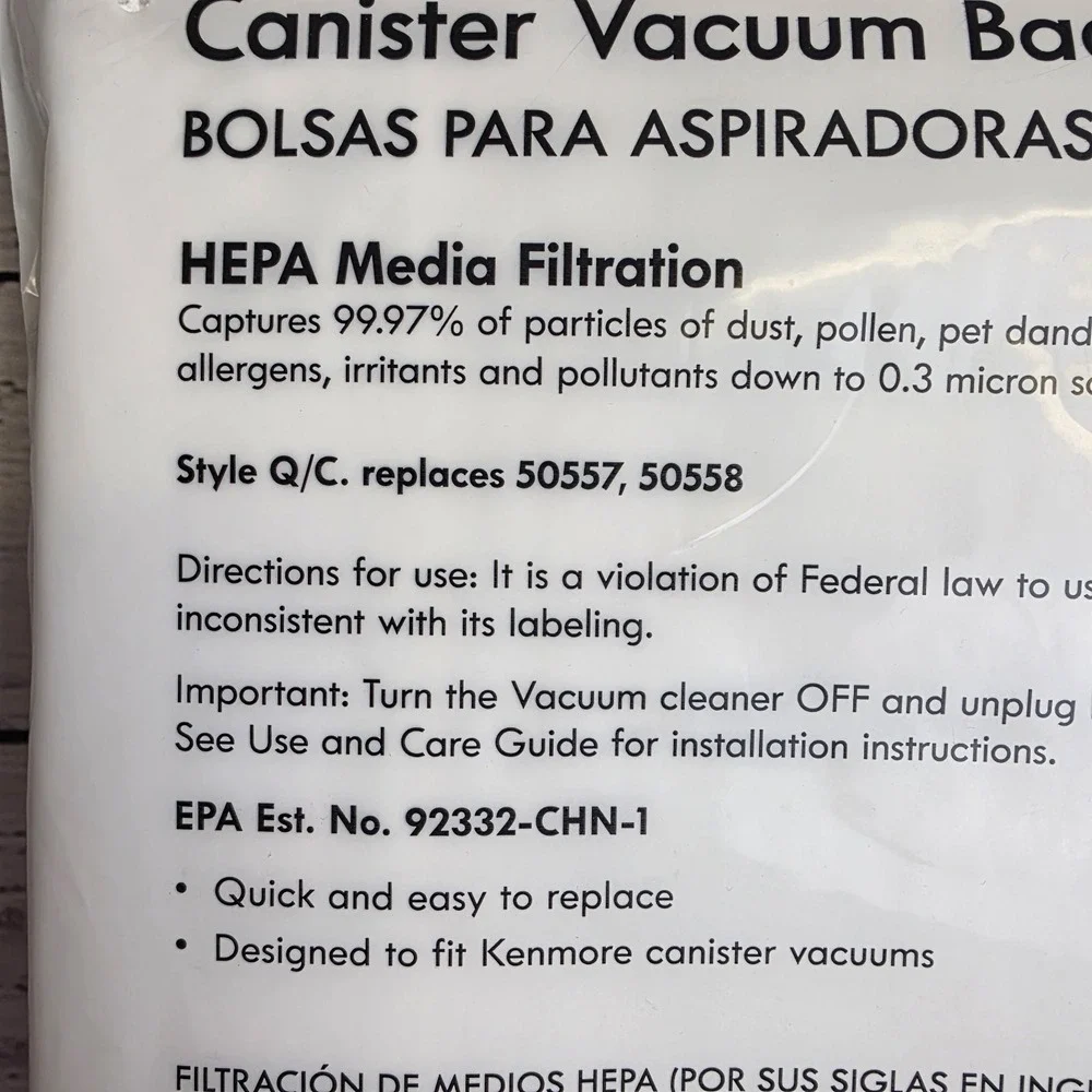 4 Kenmore Sears Type Q/C HEPA Vacuum Bags Style 20 53292, replaces 50557, 50558